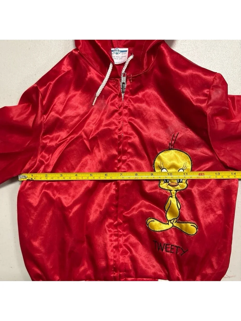 Vtg Sears Tweety Bird Kids Satin Bomber Hoodie Jacket Looney Tunes Red Sz 7-8 S